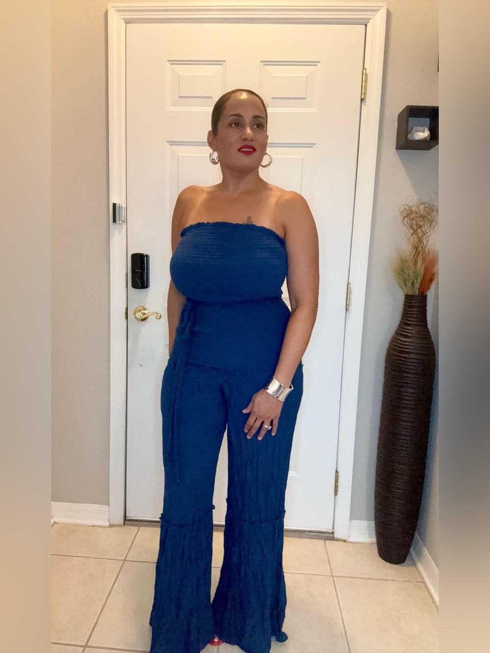 Strapless Wide-Leg Jumpsuit in Deep Blue